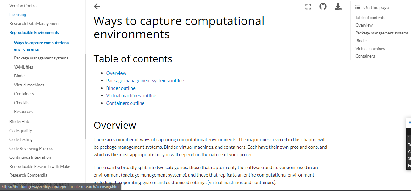 A subchapter in The Turing Way with three table of contents. Two that are generated by Jupyter Book and one made by the chapter author.